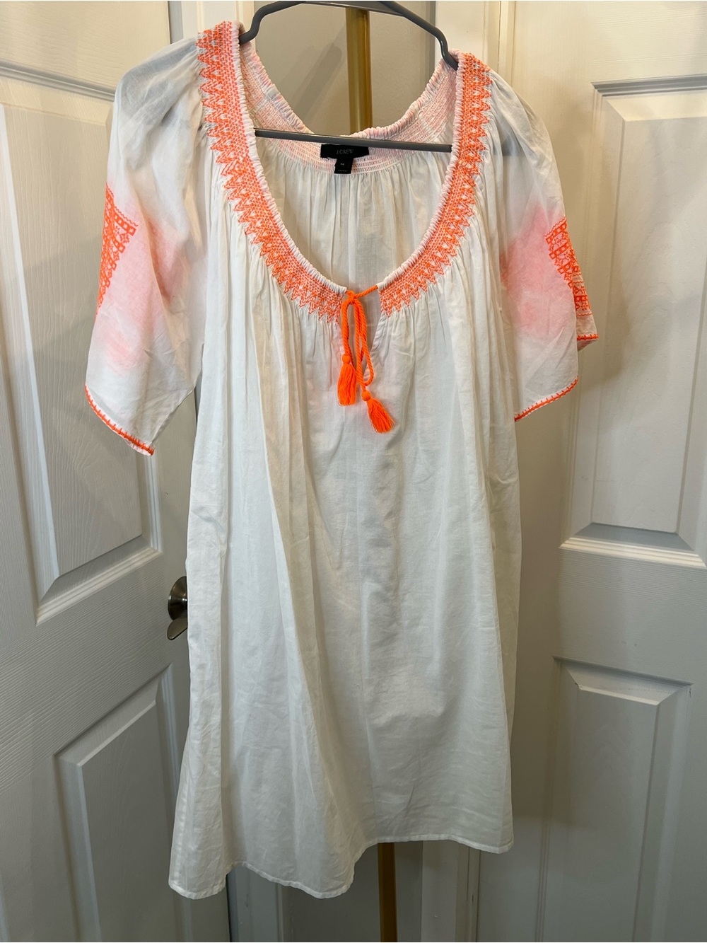 J. Crew White Swim Coverup with Neon Orange embrodery.